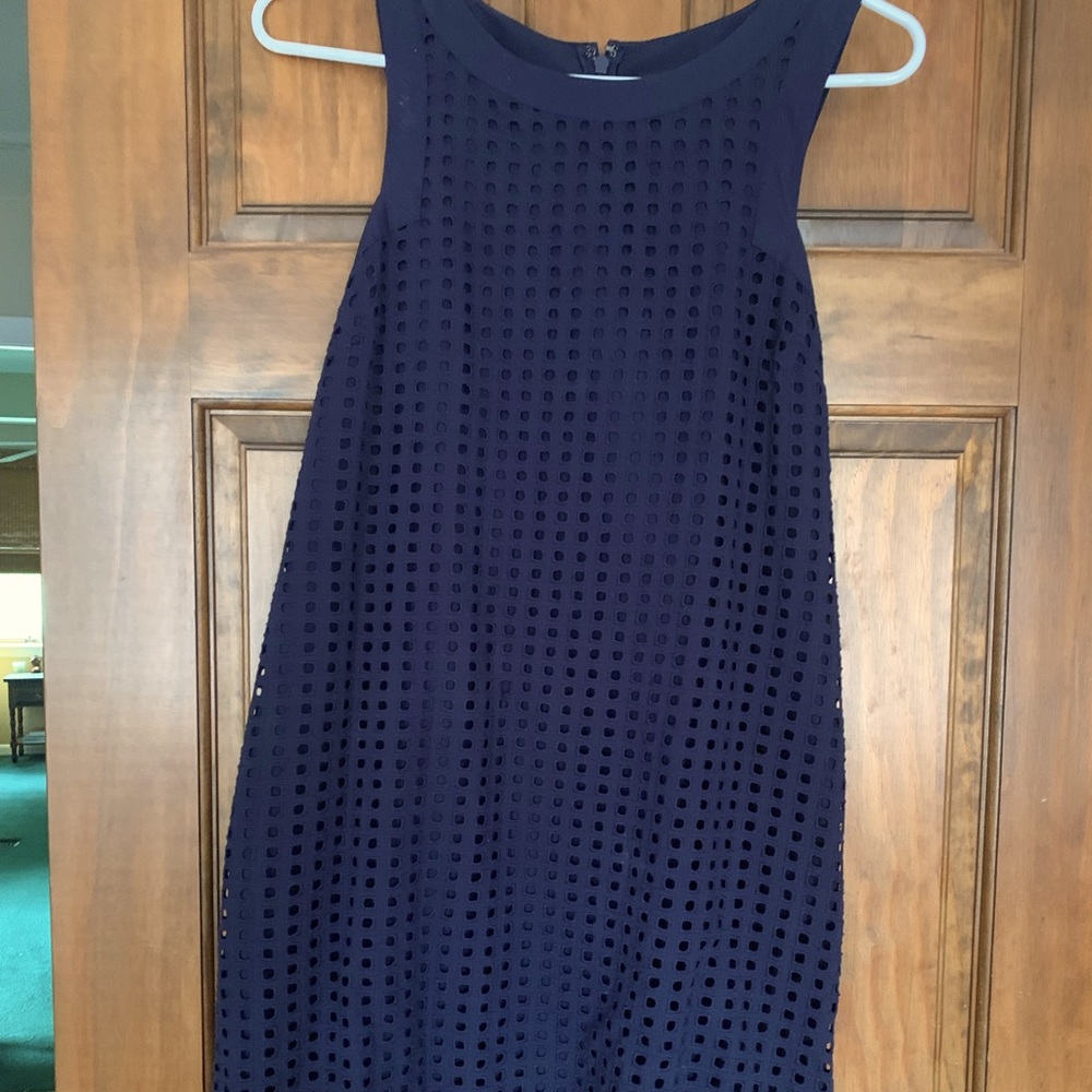 Sleeveless eyelet, navy blue shift dress